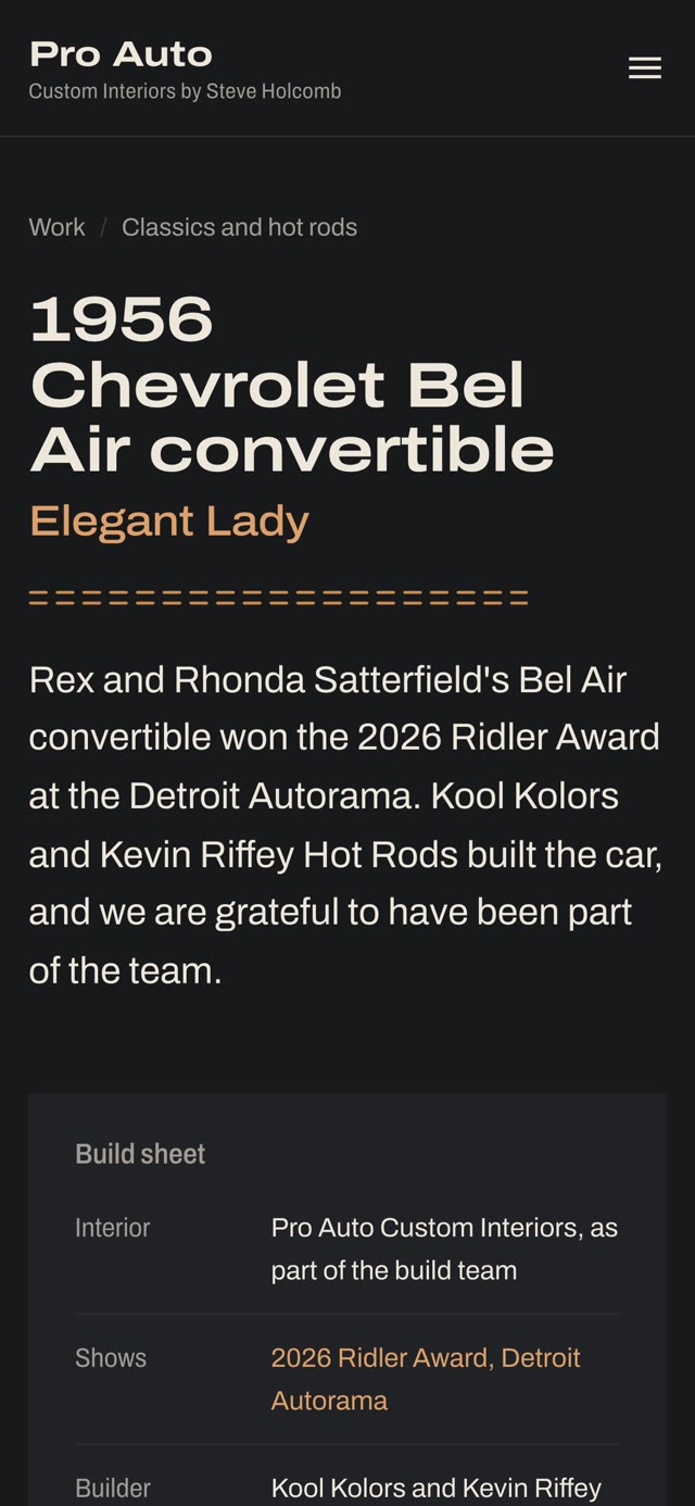 The Elegant Lady build page on a phone, with its Ridler Award line and build sheet