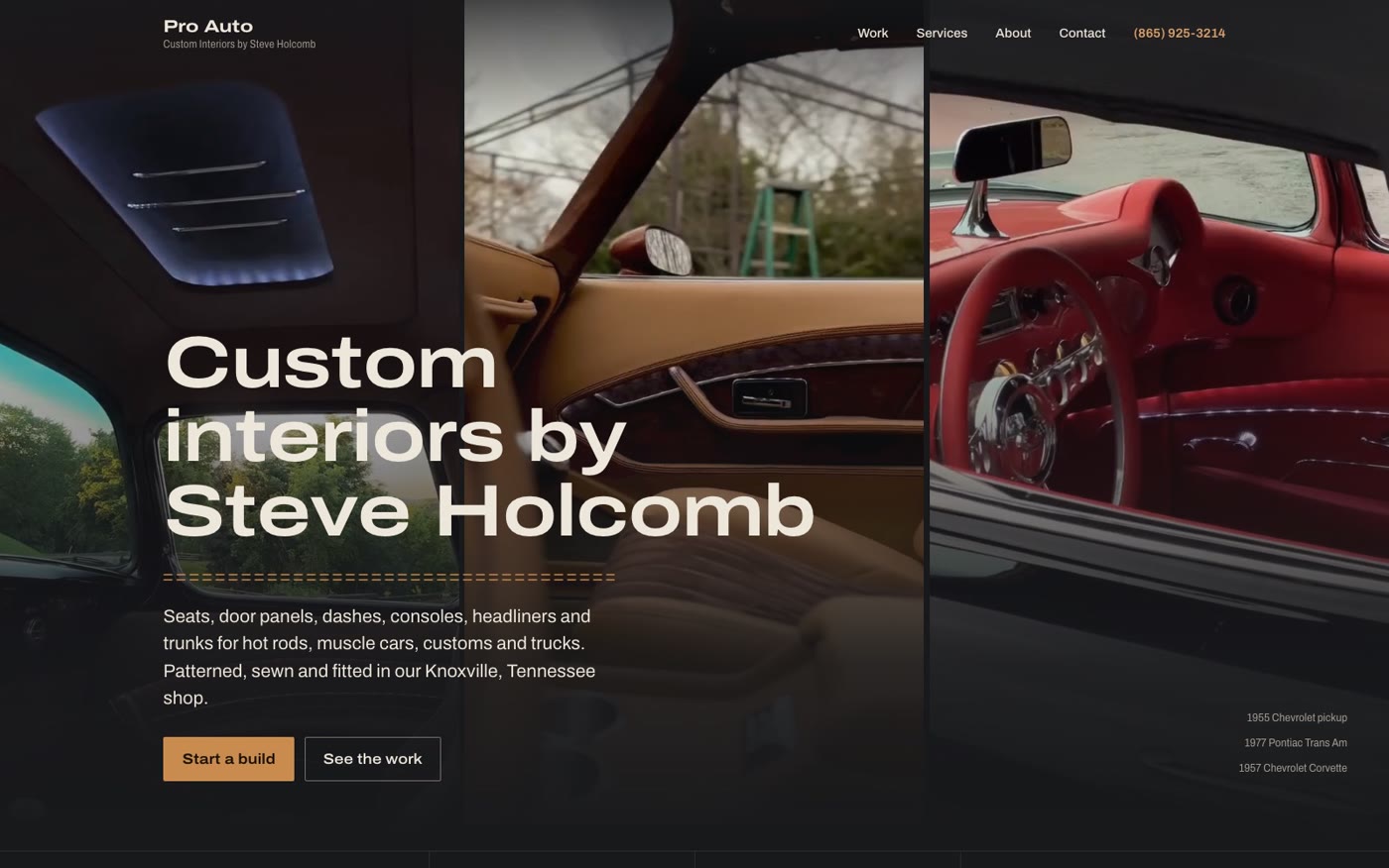 The new home page on a desktop screen, with three interior videos behind the headline Custom interiors by Steve Holcomb